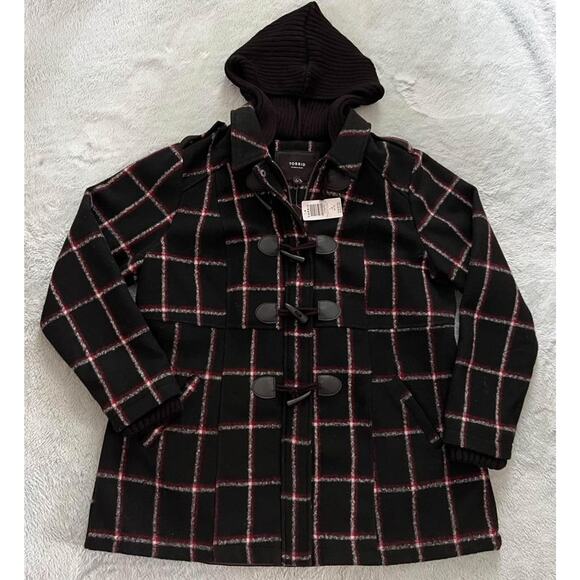 Torrid Red/Black Buffalo Plaid Hooded Toggle Coat Jacket w/ Hood Size 1X 14/16 - Picture 1 of 8